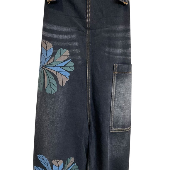 OMYCHIC Flower Club Loose Relaxed Fit Black Denim Overalls Pockets - Picture 4 of 13